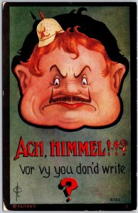 Vor Vy Don'd Write, Man In WWI German Helmet-Ach Himmel, Comic, Vintage Postcard