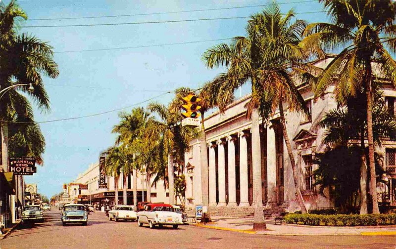 First Street Scene Cars Post Office Fort Myers Florida 1950s postcard