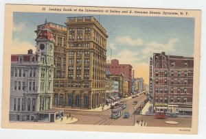 P2030 vintage postcard trollies cars bank etc salina & e genesee st syracuse ny