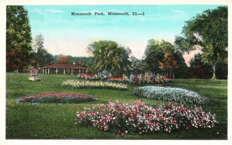 Vintage Postcard 1920's Monmouth Park Flower Garden Scenic Landscape Illinois