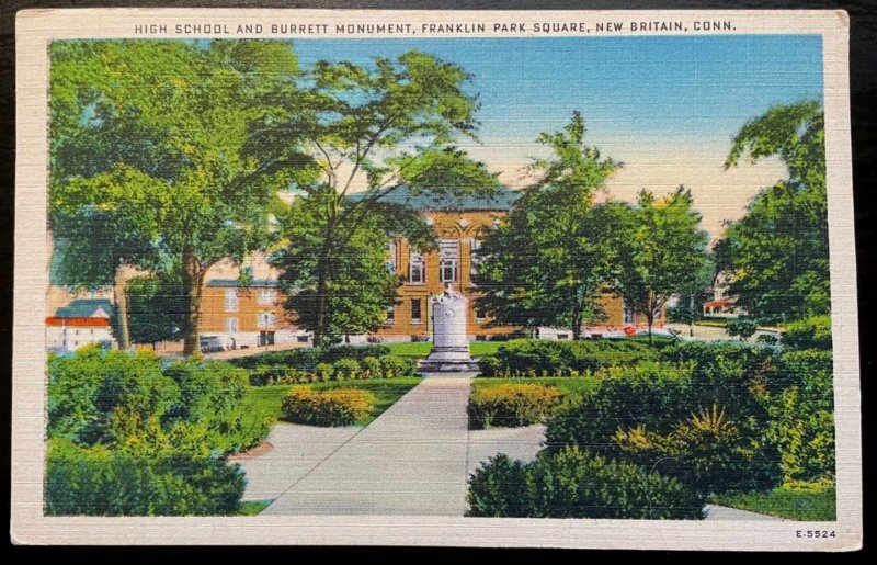 Vintage Postcard 1946 High School & Burrett Monument, New Britain, Connecticut