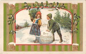 BR74056 boy and girl children fir embossed   christmas  usa
