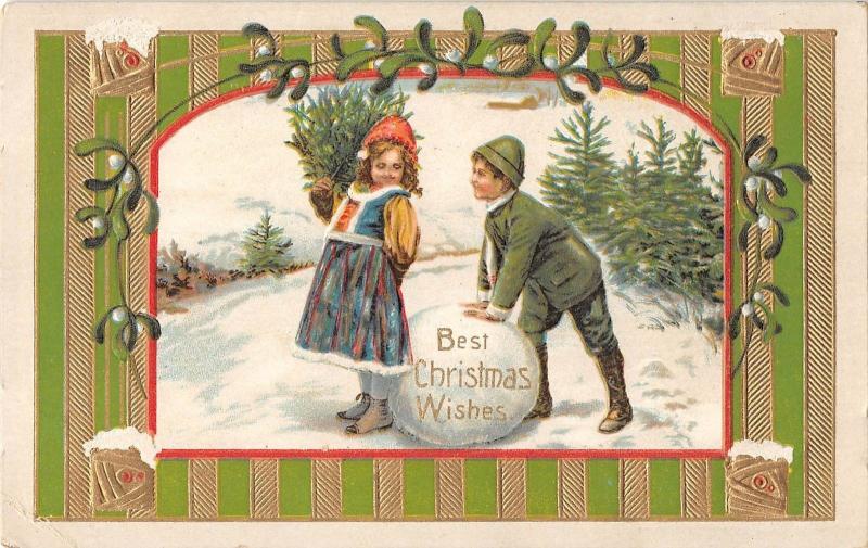 BR74056 boy and girl children fir embossed   christmas  usa