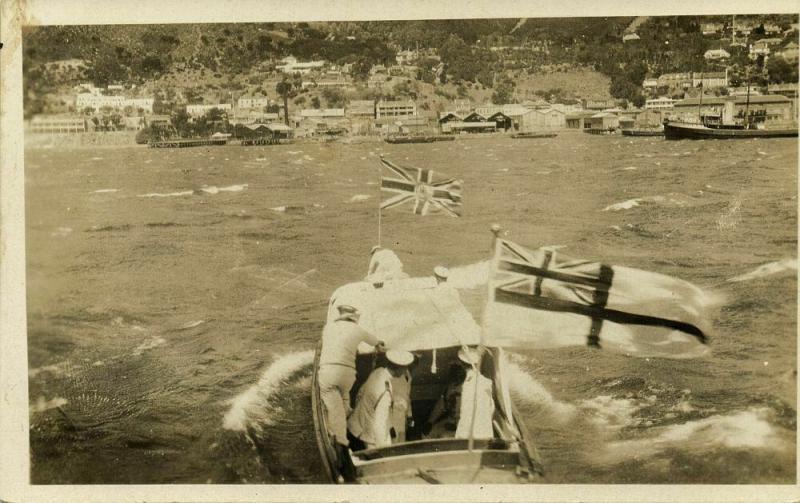 china, HONG KONG, Royal Navy Ship, White Ensign Flag approaching Coast (1920s)