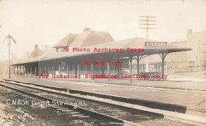 Depot, Illinois, Sterling, RPPC, Chicago Northwestern Railroad Station, Jurgens