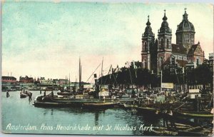 Netherlands Amsterdam Prins Hendrikkade met St Nicolaas Kerk Postcard 04.09
