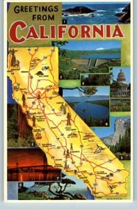 Postcard~Greetings From California..Great CA Map