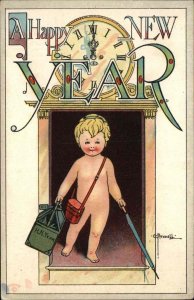 Bunnell New Year Baby New Year with Sword and Clock c1910 Vintage Postcard