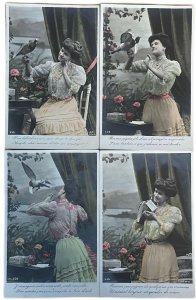 Set of 4 antique postcards elegant woman pigeon love message correspondence 1907 
