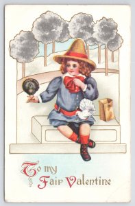 Holiday~Pilgrim On Bench To My Fair Valentine~Vintage Postcard