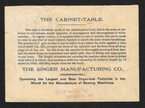 VICTORIAN TRADE CARDS Singer Cabinet-Table Sewing Machin Mothers Helper c1899