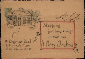 Handmade Hand Drawn Merry Christmas Comic 1935 Auburndale MA Postcard