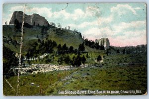 1910 Crawford Nebraska Postcard Big Saddle Butte Lone Butte Right Mountain Field