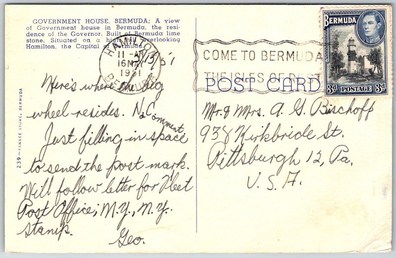 Hamilton Bermuda 1951 Postcard Government House