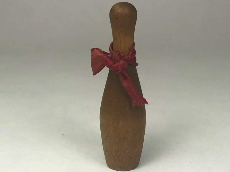 Vintage Miniature Wooden Bowling PIn 2 Dark Wood with Decorative Ribbon