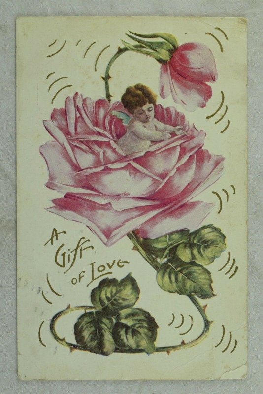 Valentine, Gift of Love, Cherub in Giant Flower Vintage Postcard P45