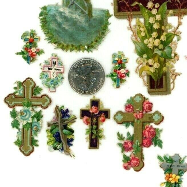 Victorian Die-Cuts 1870's-90's Crosses Flowers Miniatures Lot Of 14 Fab! X66