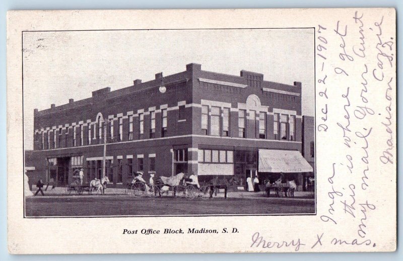 Madison South Dakota SD Postcard Post Office Block Building Scene 1907 Antique