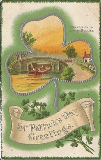 Vintage Postcard decorated with a large Shamrock & Irish Scene St Patrick's Day