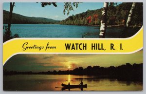 Greetings From Watch Hill RI~Beautiful Daytime Scene & Sunset Over Water~Vtg PC