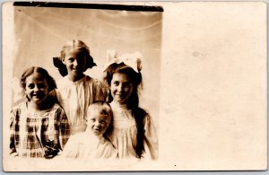 Siblings Beautiful Smiles Ribbons on Hair Photograph Real Photo RPPC Postcard