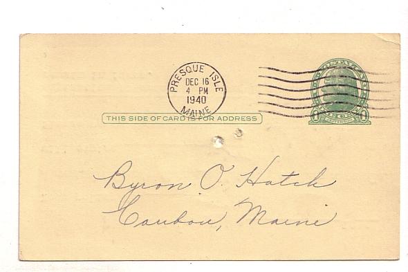 Postal Stationery Jefferson 1C  Byron Hatch, Chas Stetson, Presque Isle Maine...