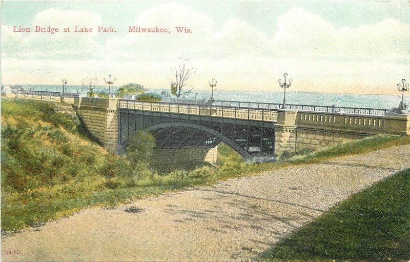 Postcard Wisconsin Milwaukee Lion Bridge Lake Park C-1910 23-4367