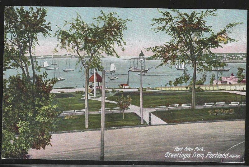 View of Fort Allen Park, Greetings from Portland, Maine, Early Postcard, unused