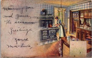 VINTAGE POSTCARD WOMAN IN KITCHEN BRASS KETTLE CAT STOVE MAILED SLATER M.O. 1911