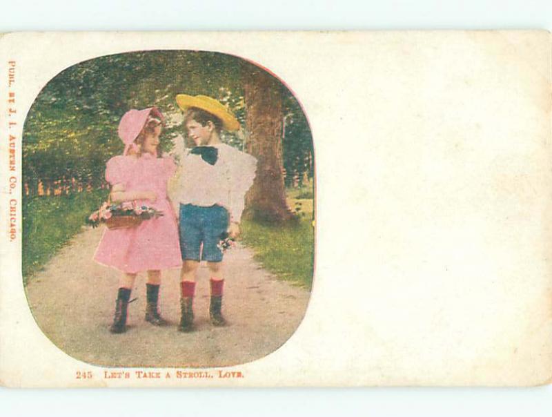 Unused Pre-1907 valentine CUTE GIRL HOLDING FLOWER BASKET ON PATH WITH BOY k9122
