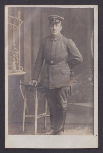 WWI German Soldier Portrait Postcard Studio Photo Uniform Cap Germany