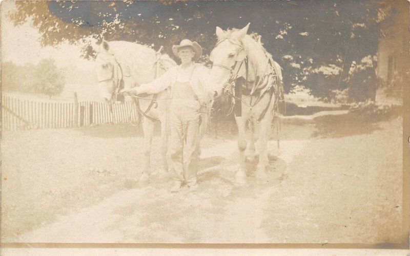 1910s RPPC Real Photo Postcard Old Farmer With Pair Of Horses