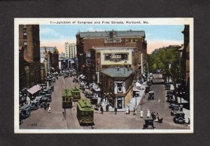 ME Congress & Free St Strand Theater Trolley Cars Portland Maine Postcard