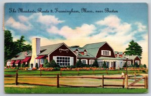 Framingham Massachusetts~The Meadows Restaurant~Roadside~Linen Postcard