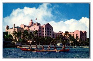 Postcard HI Outrigger Canoeing At Waikiki Hawaii The Royal Hawaiian Hotel