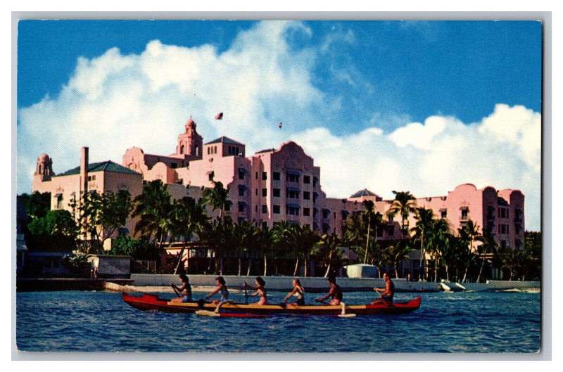 Postcard HI Outrigger Canoeing At Waikiki Hawaii The Royal Hawaiian Hotel 