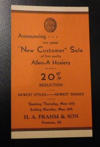 Mint USA Advertising Postcard Allen A Hosiery New Customer Sale H A Frahm Son IL