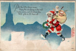 Christmas Santa Claus Toy Sack Hopping Rooftops 1919 Rockford Mich Postcard U17