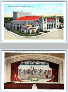 2 Postcards SAN ANTONIO, Texas TX ~ MUNICIPAL AUDITORIUM & Interior c1920s-30s