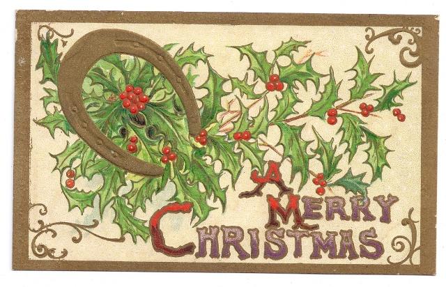 Vintage Christmas Postcard Winsch Back Embossed Gold Horseshoe Holly Gilded