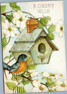 postcard greetings - A Cheery Hello -embossed  robin and bird house in tree