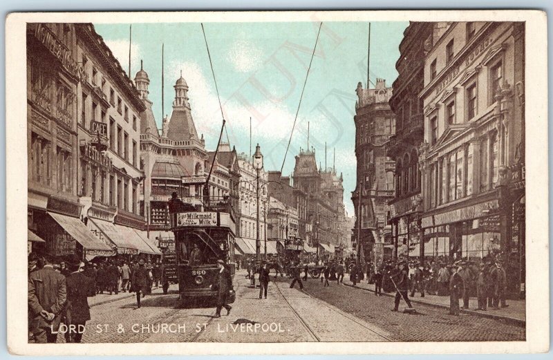 c1910s Liverpool, England Lord Church Street Downtown Crowd Streetcar Signs A206