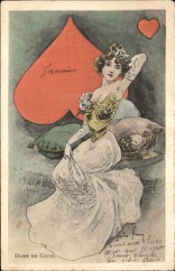 Sexy Woman Glamour Playing Cards Poker Gambling Border Hearts c1910 Postcard