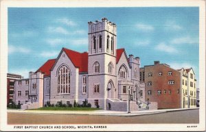 USA First Baptist Church And School Wichita Kansas Linen Postcard 09.36