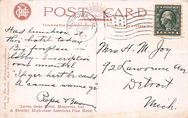 'Leven Oaks Hotel, Monrovia, California, Early Postcard, Used in 1913