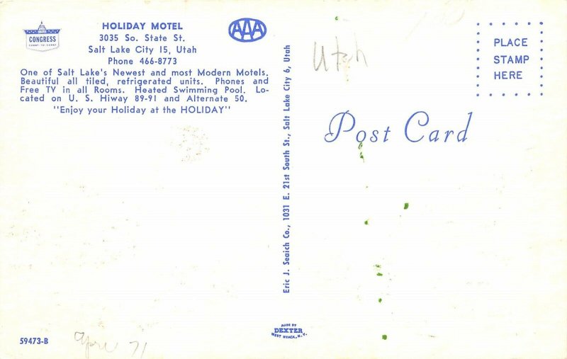 Salt Lake City Utah c1971 Postcard Holiday Motel