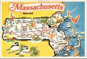 Postcard Map Massachusetts - The Bay State - map of highways and cities