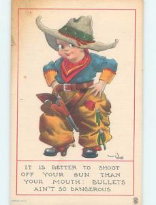 Pre-Linen western signed WALL - BOY DRESSED AS OLD WEST COWBOY WITH GUN HL6855