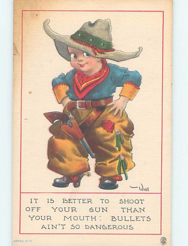 Pre-Linen western signed WALL - BOY DRESSED AS OLD WEST COWBOY WITH GUN HL6855