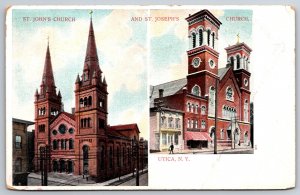 Utica New York~St Johns & Saint Josephs Church Multi-View~Bosselman Vtg Postcard